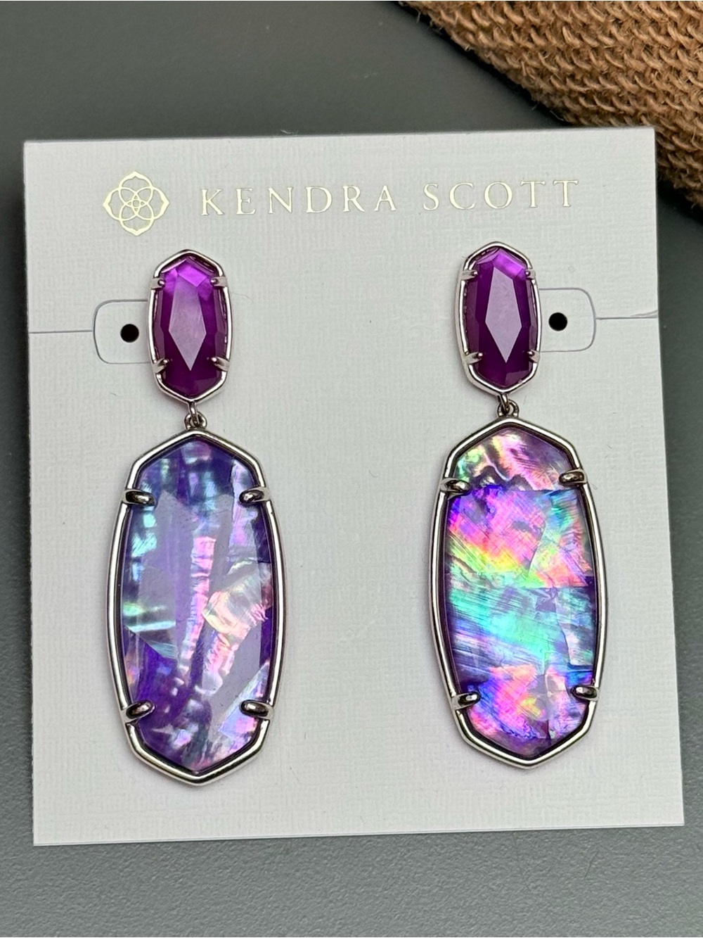 Kendra Scott Statement Elle Silver Earrings in Lilac Abalone with Purple MOP - Picture 3 of 3
